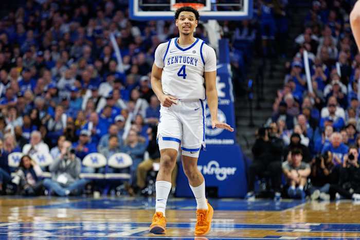 Jan 9, 2024; Lexington, Kentucky, USA; Kentucky Wildcats forward Tre Mitchell (4) celebrates during the second half against the Missouri Tigers at Rupp Arena at Central Bank Center. Mandatory Credit: Jordan Prather-USA TODAY Sports